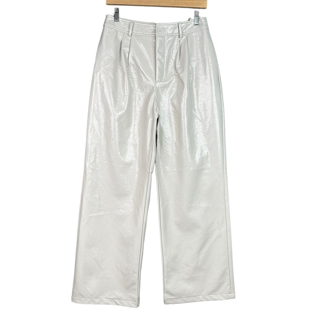 7 For All Mankind Women Faux Leather Wide Leg Pants Ivory Cropped Trousers M NWT